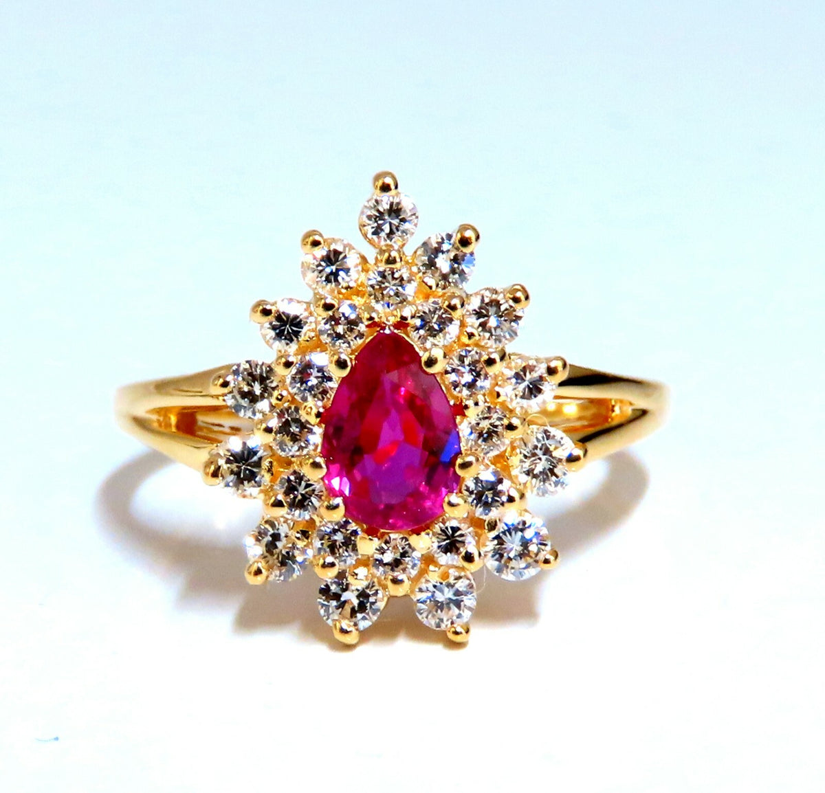 1.02ct Natural Ruby Diamonds Ring Pear Cluster 14kt gold *v