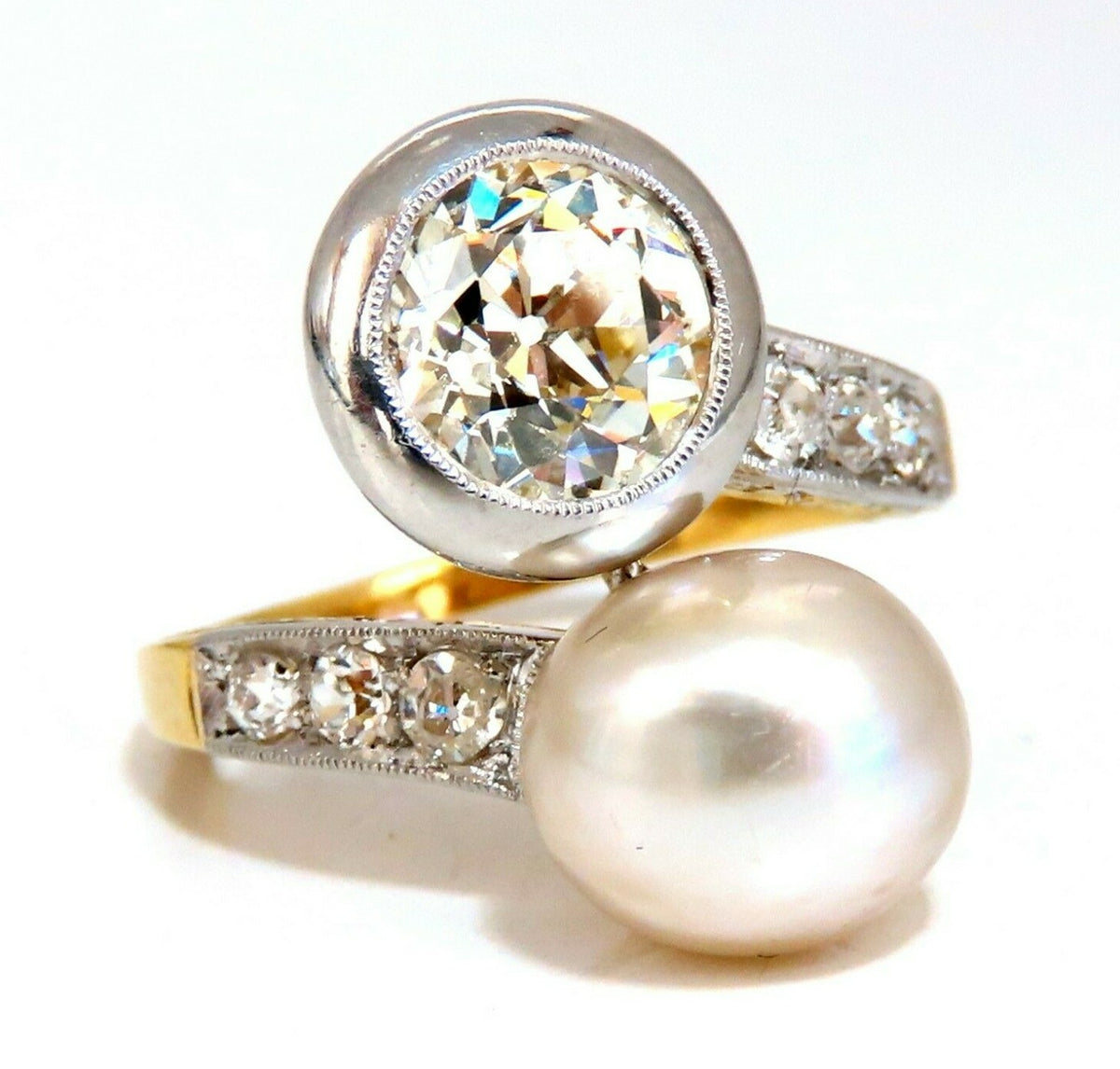 RARE GIA Certified Natural Saltwater Pearl Light Yellow Diamonds Ring 18kt *v