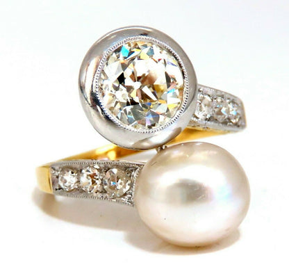 RARE GIA Certified Natural Saltwater Pearl Light Yellow Diamonds Ring 18kt *v