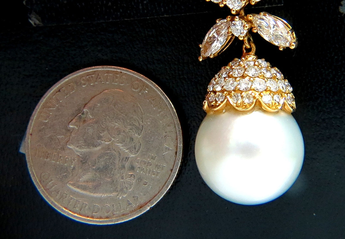 15.6mm Natural South Sea Pearl 7.50ct Diamonds Dangle Earrings 18kt *v