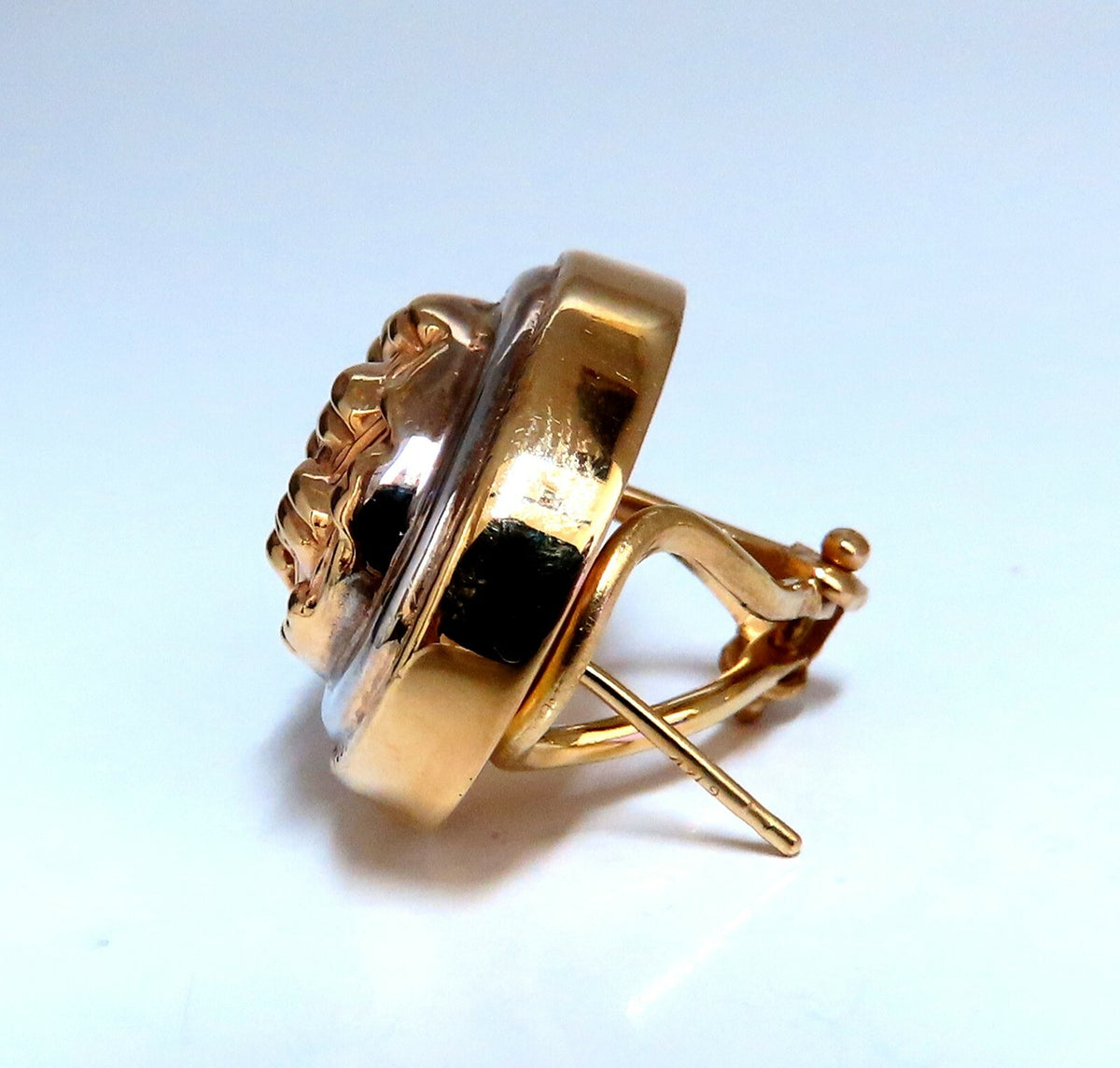 14kt Gold Cross Thread Deco Oval Frame Earrings Omega Clip *v