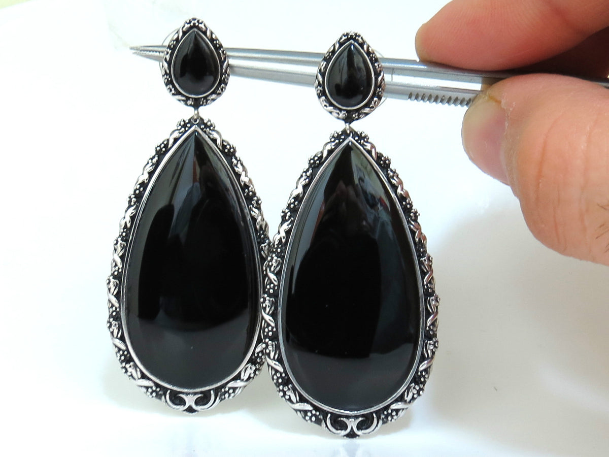 18KT GOTHIC SAXON REVIVAL GILT DECO NATURAL JET BLACK ONYX DANGLE EARRINGS *v