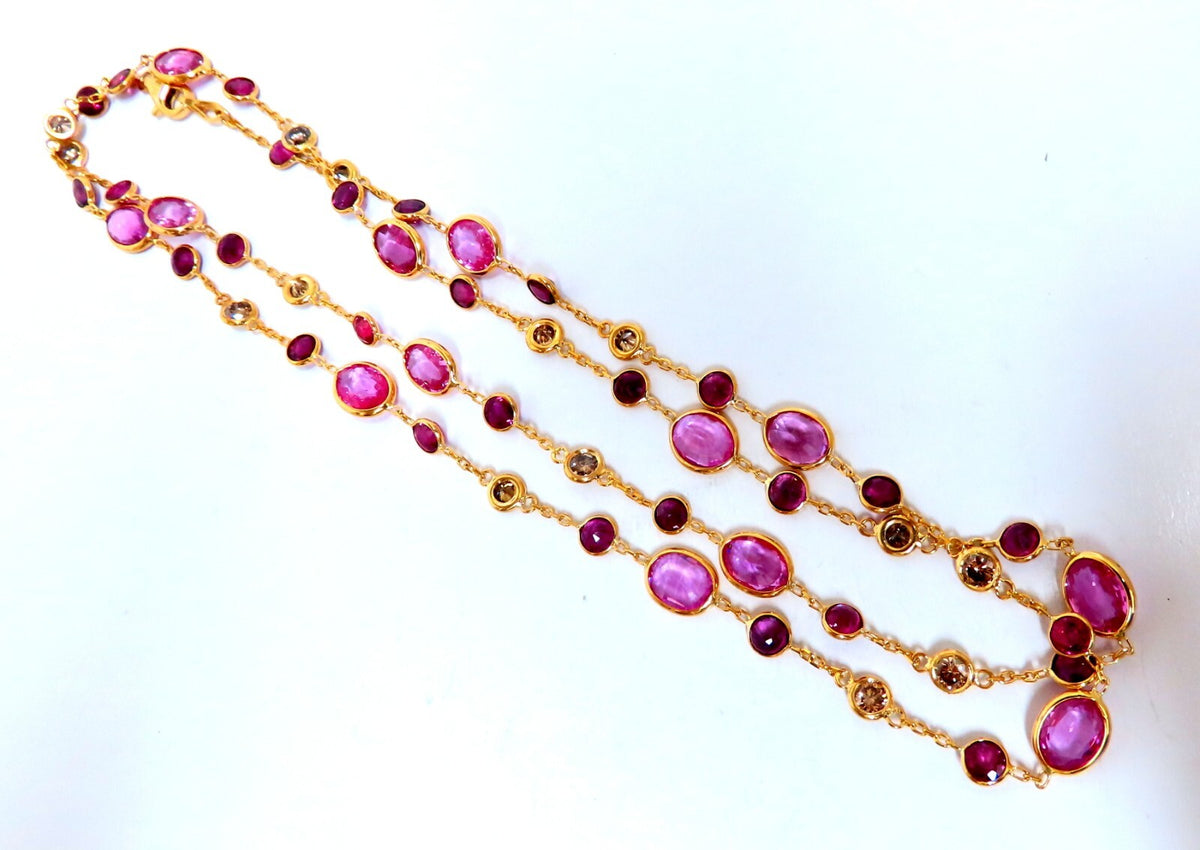 26.45ct natural vivid pink sapphires Ruby diamond yard station necklace 14kt *v