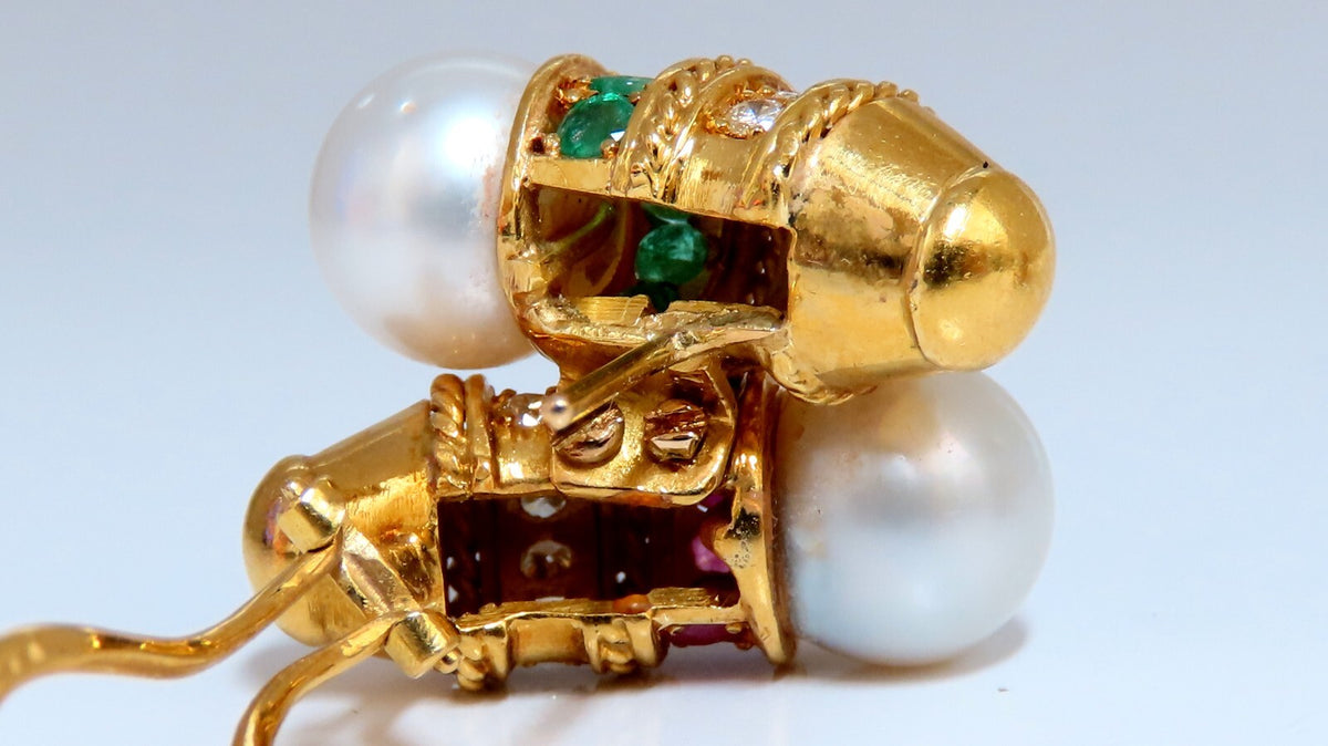 3ct Natural Ruby Emerald Sapphire Pearl clip Earrings 18kt *v