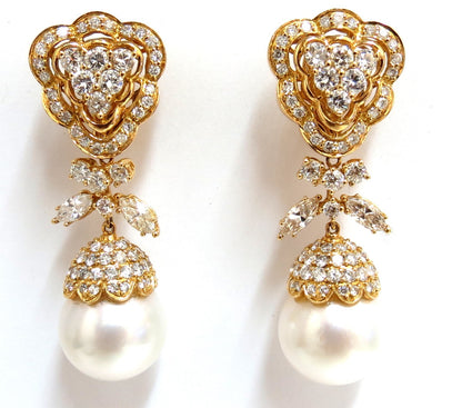 15.6mm Natural South Sea Pearl 7.50ct Diamonds Dangle Earrings 18kt *v