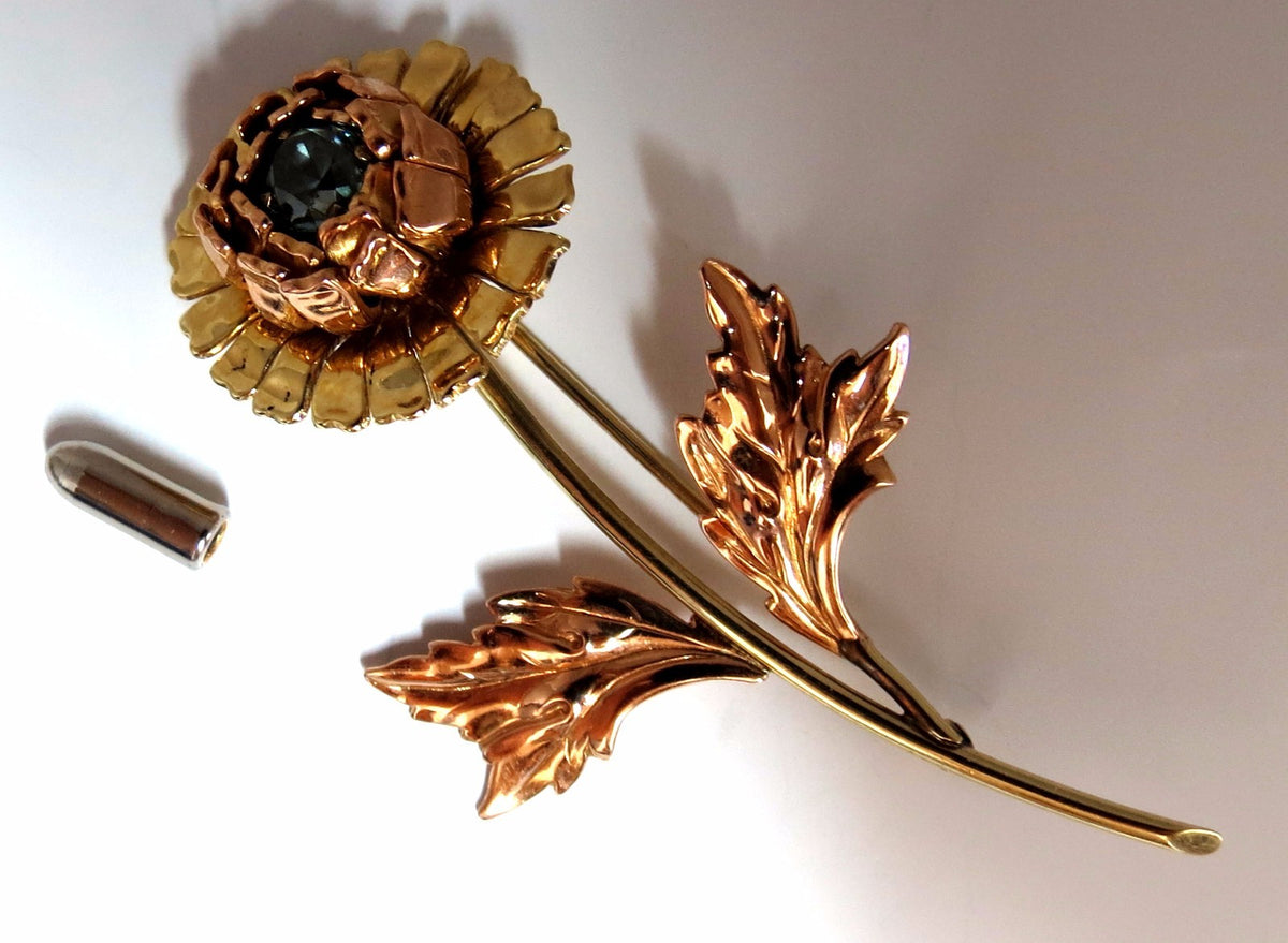 Vintage 1.75ct natural Indigo Zircon Flower Pin 14kt 3D *v