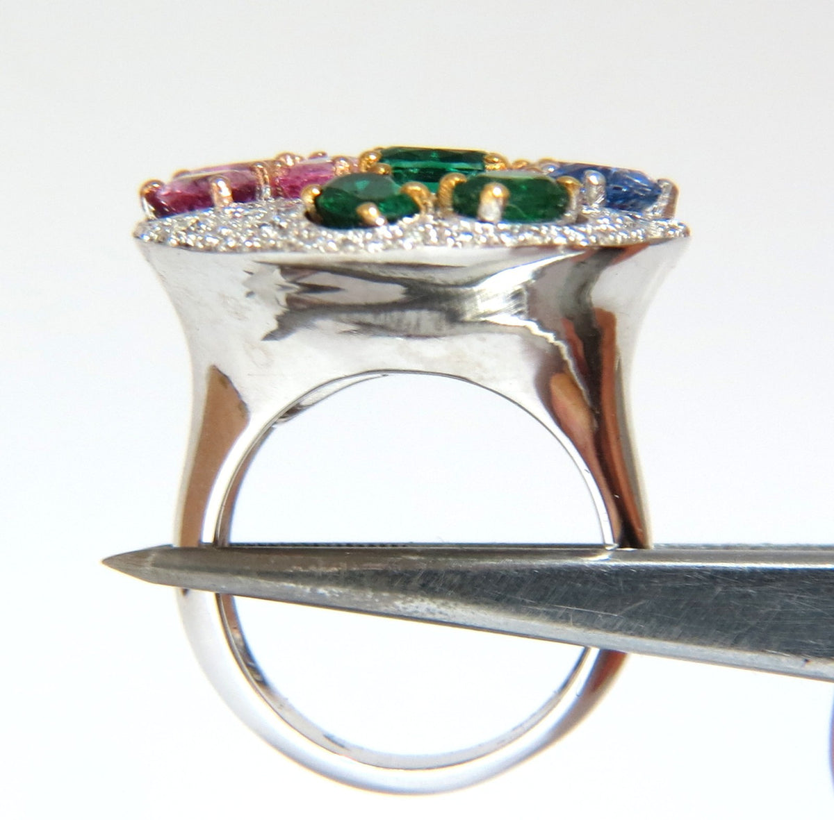 7.26CT NATURAL SAPPHIRE EMERALD RUBY DIAMONDS SECTIONAL COCKTAIL RING 18KT*v