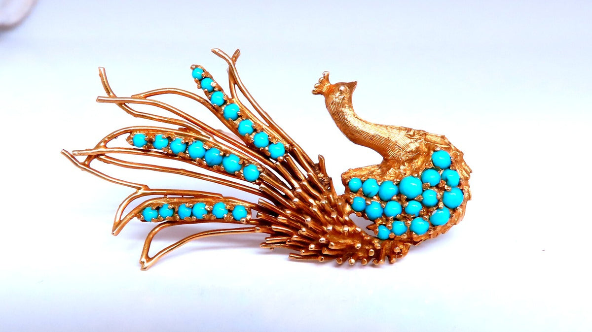 18kt Gold Natural Turquoise Peacock Pin Vintage *v
