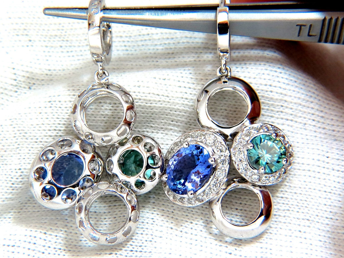 7.07CT NATURAL TANZANITES ZIRCON DIAMONDS CIRCLE DANGLE EARRINGS 14KT *v