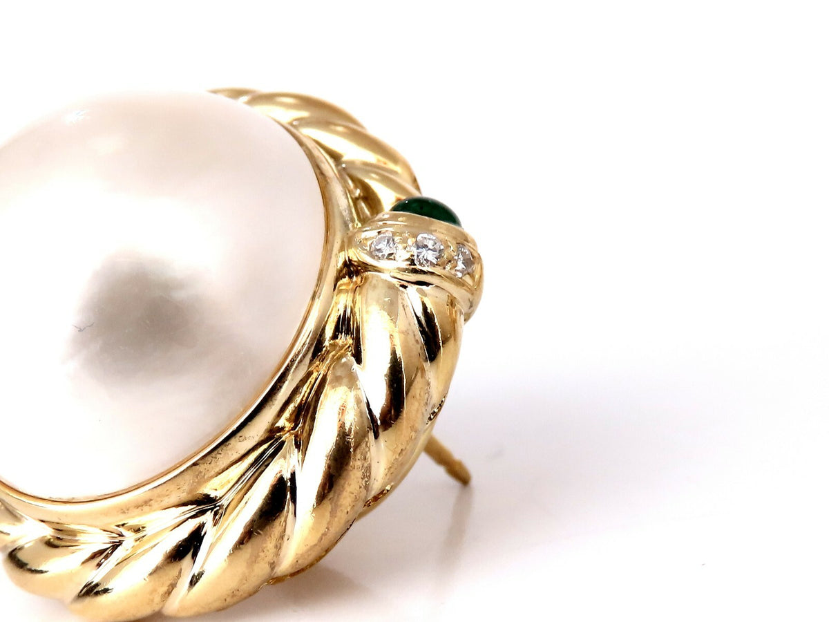 18.4mm Mabe Pearls .80ct emerald Clip Earrings 18kt Gold *v