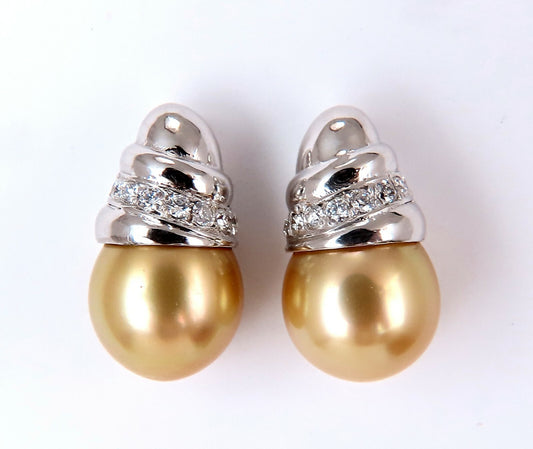 11.9mm Golden Yellow South Seas Pearls .50ct Diamonds Stud Earrings 14kt Gold *v