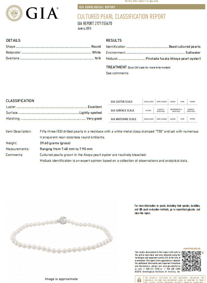 GIA Certified 53 Natural Akoya Pearls Necklace Saltwater Pinctada Fucata 18kt *v