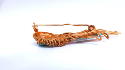 18kt Gold Natural Turquoise Peacock Pin Vintage *v