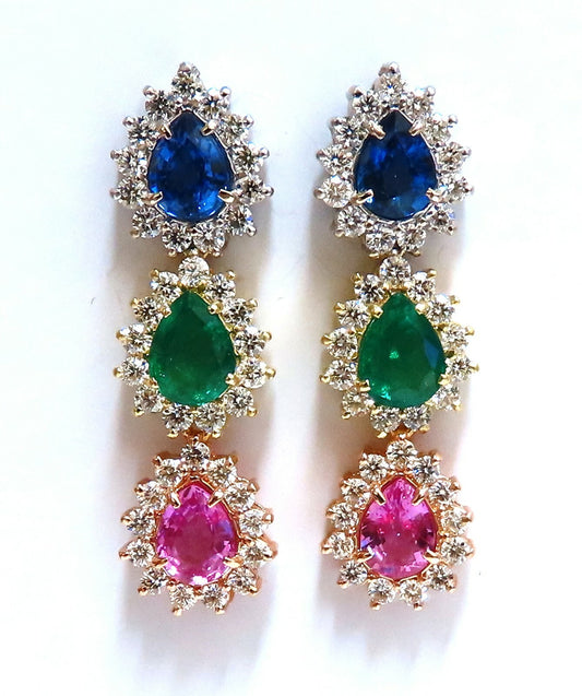 13.24ct Natural Emeralds & Sapphires Three Tier Dangle Earrings 18 Karat Pear *v
