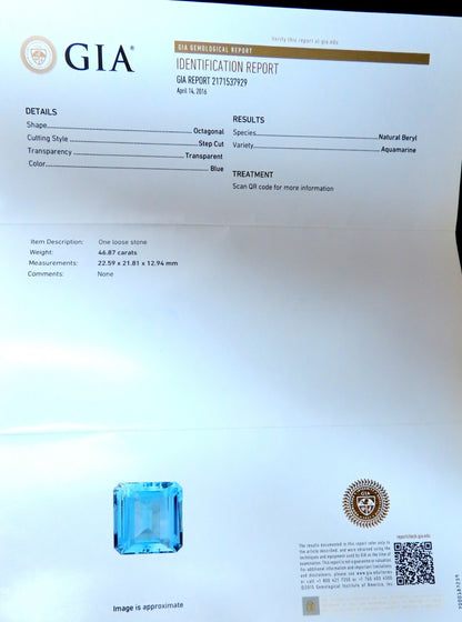 GIA Certified 46.87ct Natural Blue Emerald Cut Aquamarine Magnificent *v