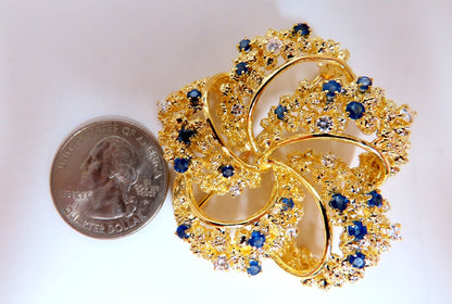 Swirling 18kt Gold Natural Sapphire Diamonds Pin *v