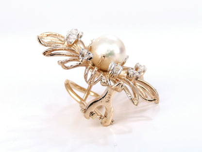 7.5mm South Seas Pearls 1ct Diamonds Sunburst Earrings 14kt Gold *v