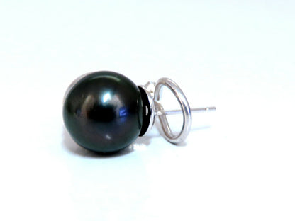 11mm natural tahitian pearl & .50ct diamonds raised cap earrings 14kt *v