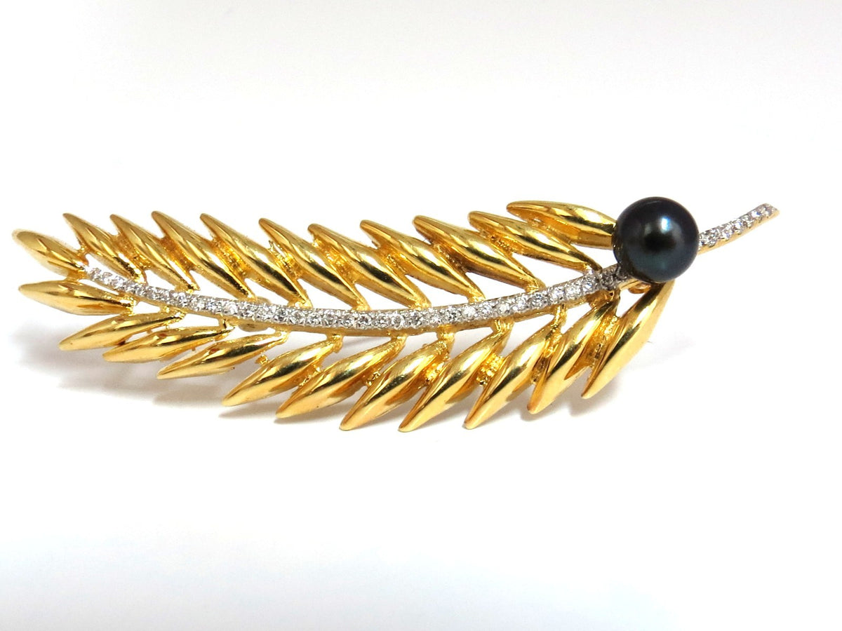 6mm natural Tahitian peacock pearl diamonds brooch leaf foliage vintage 14kt *v