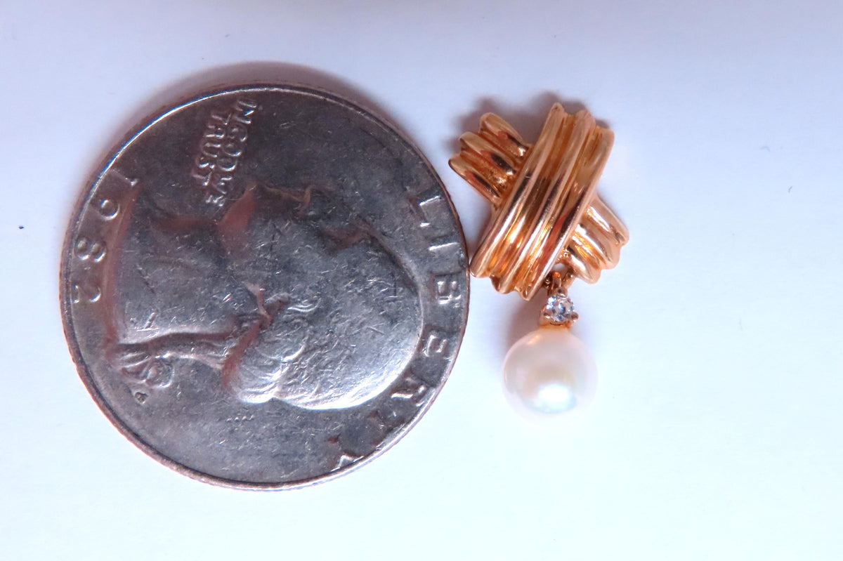 5.5mm Cultured Pearl Dangle ''x'' Earrings 14kt Gold Retro 12599 *v