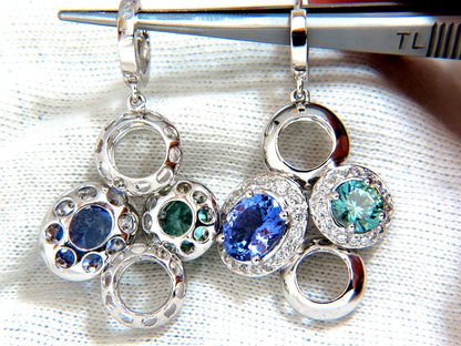 7.07CT NATURAL TANZANITES ZIRCON DIAMONDS CIRCLE DANGLE EARRINGS 14KT *v