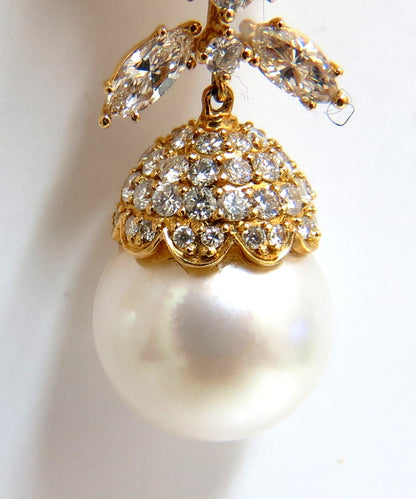 15.6mm Natural South Sea Pearl 7.50ct Diamonds Dangle Earrings 18kt *v