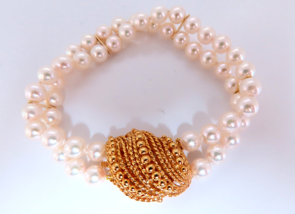 6.75mm Akoya pearls pearls double stranded bracelet 14kt Shell Twist Clasp *v