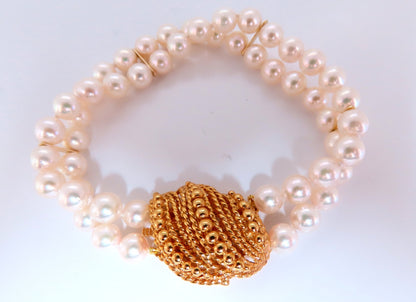 6.75mm Akoya pearls pearls double stranded bracelet 14kt Shell Twist Clasp *v
