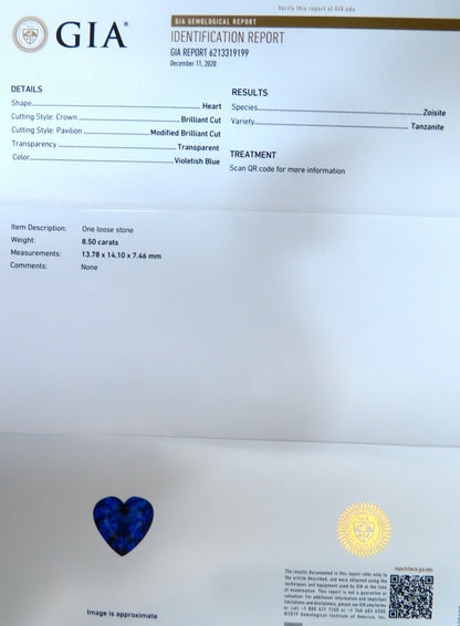 GIA Certified 8.50ct Natural Heart Tanzanite Diamond Necklace 14kt Gold Prime *v