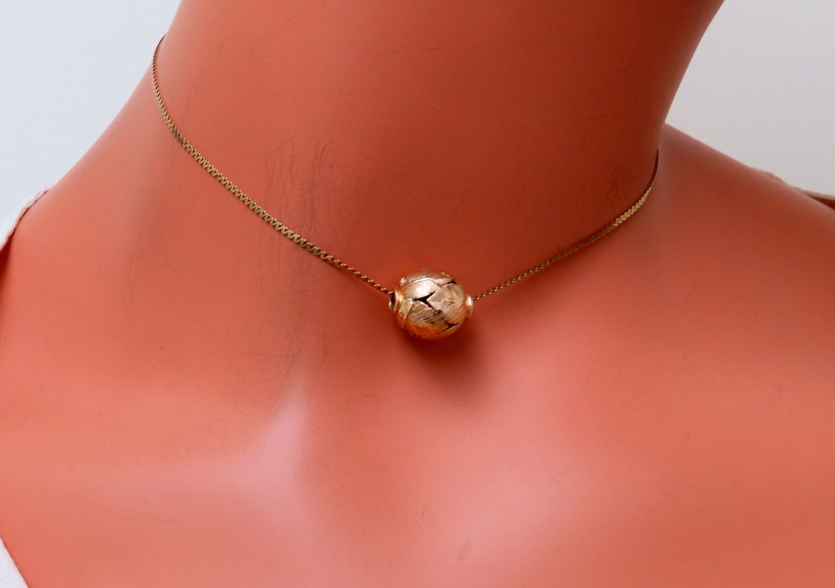 13mm Vintage Floral Gold Bead Necklace 14kt *v