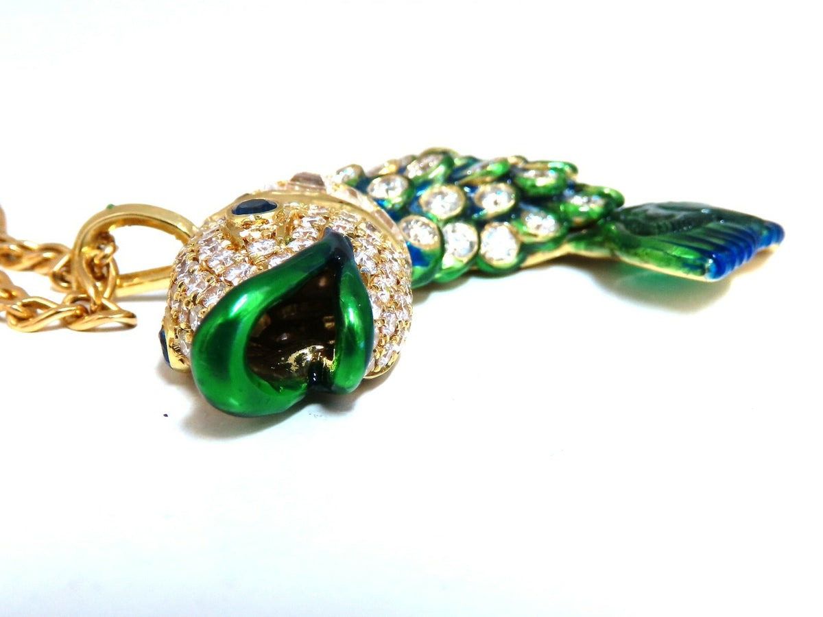 10.12ct Natural Sapphire Emerald & Diamonds Enamel Fish Pendant 18kt *v