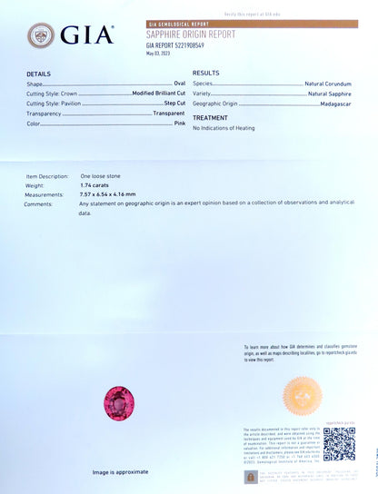 GIA Certified 1.74ct Natural No Heat Pink Sapphire Ring 18kt Gold 12411 *v