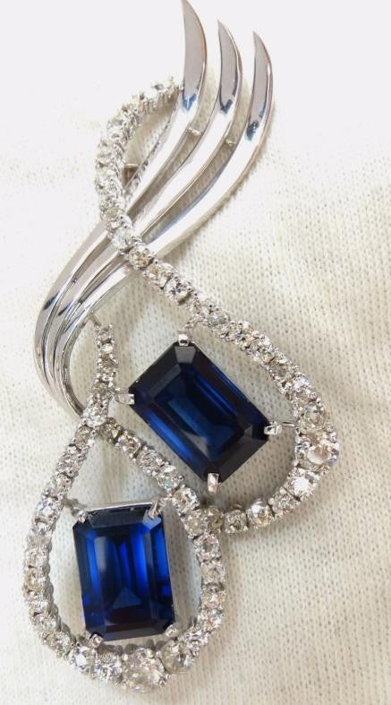 25ct Royal Blue Lab Sapphire & Natural Diamonds Brooch pin Platinum 12237 *v