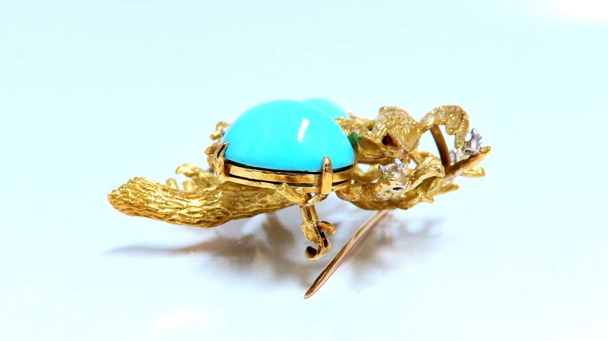 Vintage Bird Nest Eggs 20ct Turquoise 18kt Brooch High Intricate *v