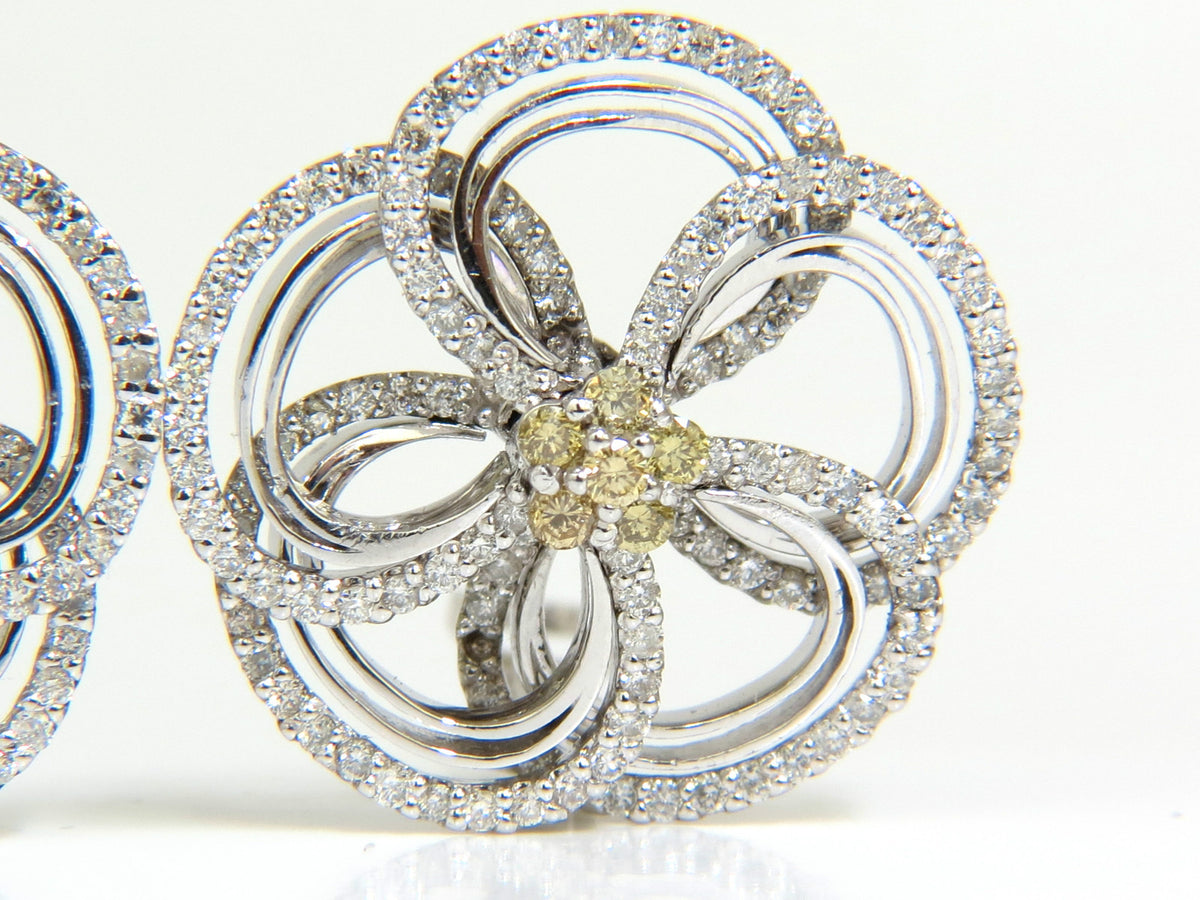 2.40CT NATURAL YELLOW DIAMONDS 3D FLOWER CLUSTER EARRINGS 14KT GOLD *v