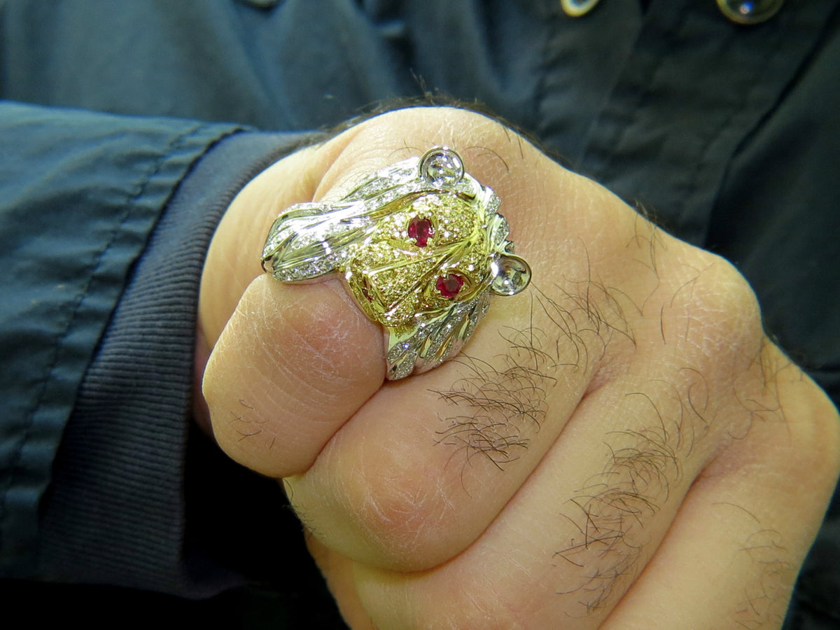 18KT ITALY UNISEX HUGE 3.40CT NATURAL DIAMONDS RUBY LION RING *v