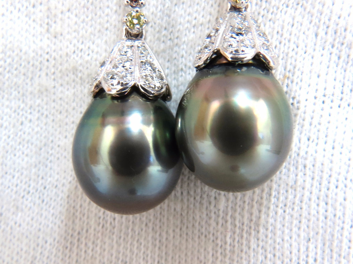 12.70mm NATURAL TAHITIAN PEARLS DANGLE COLOR DIAMOND EARRINGS 14KT *v