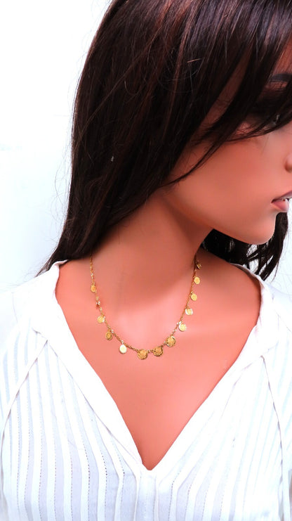22kt Gold Flower Motif  Dangling Disc Necklace 17 inch *v