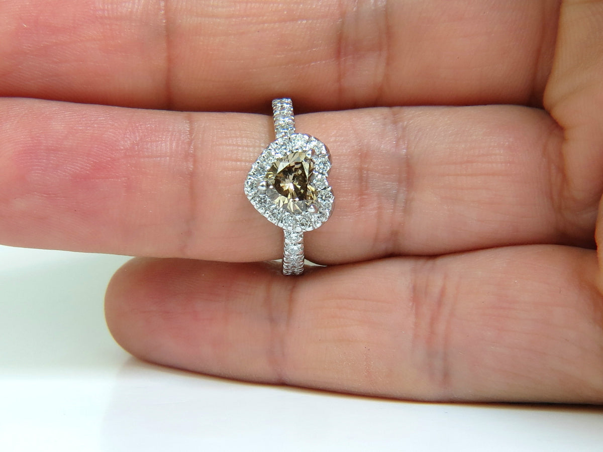 1.37CT NATURAL FANCY BRIGHT BROWN HEART CUT HALO DIAMOND RING 14KT VS *v