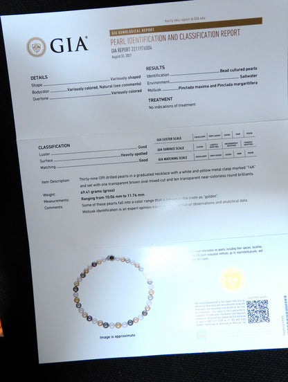 GIA certified Natural Multicolor Tahitian Saltwater Pearls necklace 11.7m 14k *v