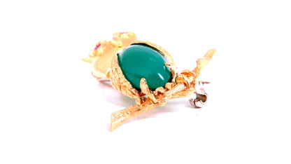 Owl Jade Ruby Figurine 3D Brooch Pin 18kt gold 12554 *v