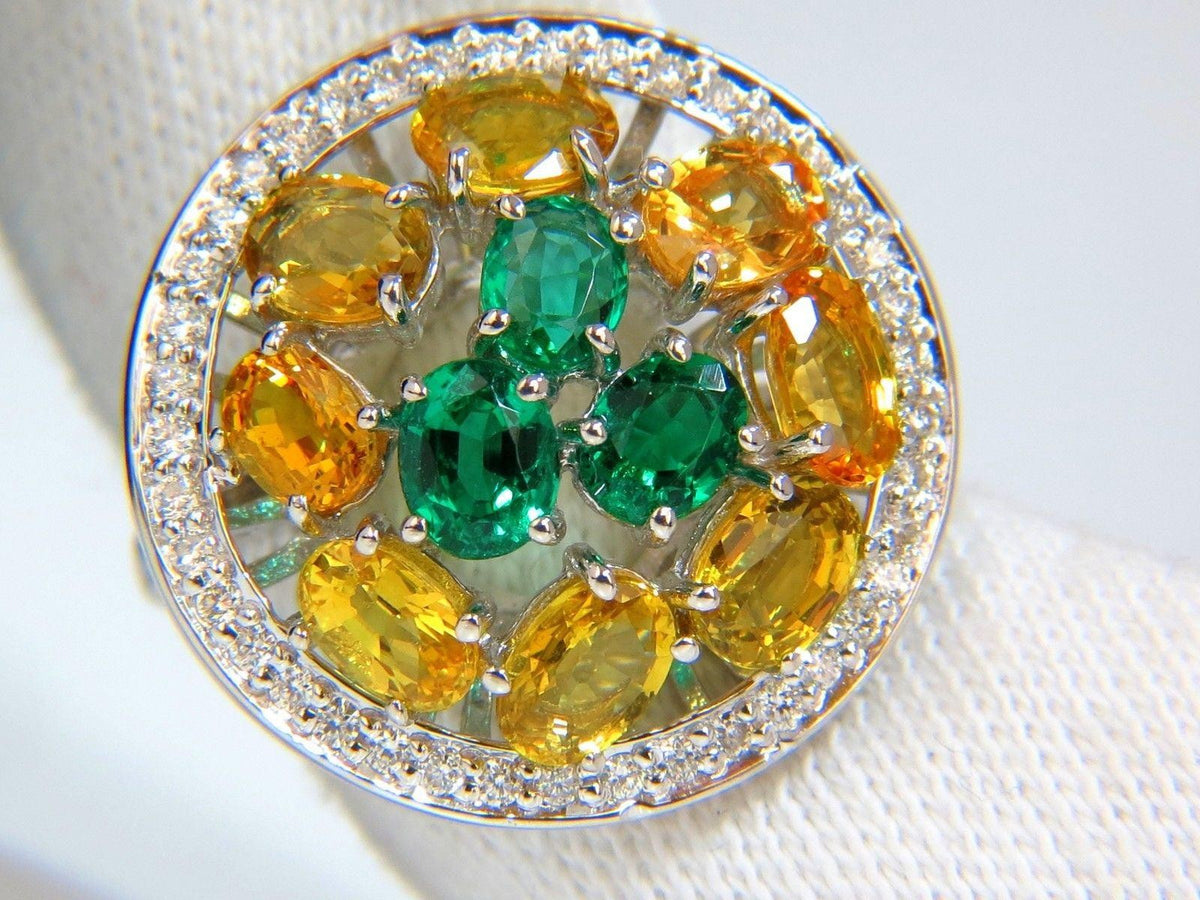 5.12CT NATURAL FANCY YELLOW SAPPHIRES VIVID GREEN EMERALDS CLUSTER RING 10003 *v