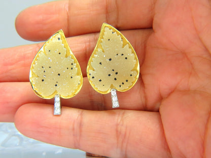 18kt .25ct diamonds matrix quartz rough slice leaf earrings omega 3d *v