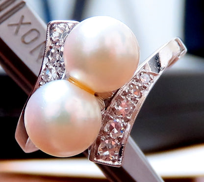 6.5mm Natural White Cultured Pearl Diamonds Rings 14kt *v
