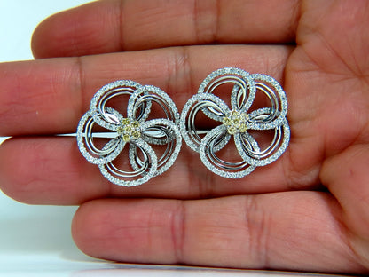 2.40CT NATURAL YELLOW DIAMONDS 3D FLOWER CLUSTER EARRINGS 14KT GOLD *v