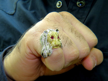 18KT ITALY UNISEX HUGE 3.40CT NATURAL DIAMONDS RUBY LION RING *v