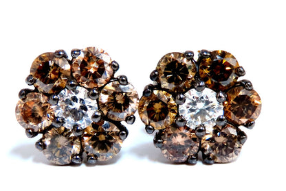 2.71ct. natural round diamond cluster earrings 14 karat Fancy Browns *v