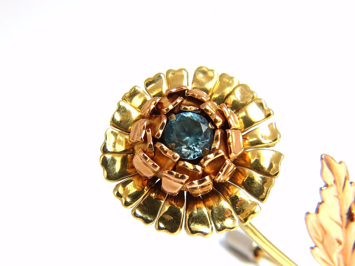 Vintage 1.75ct natural Indigo Zircon Flower Pin 14kt 3D *v