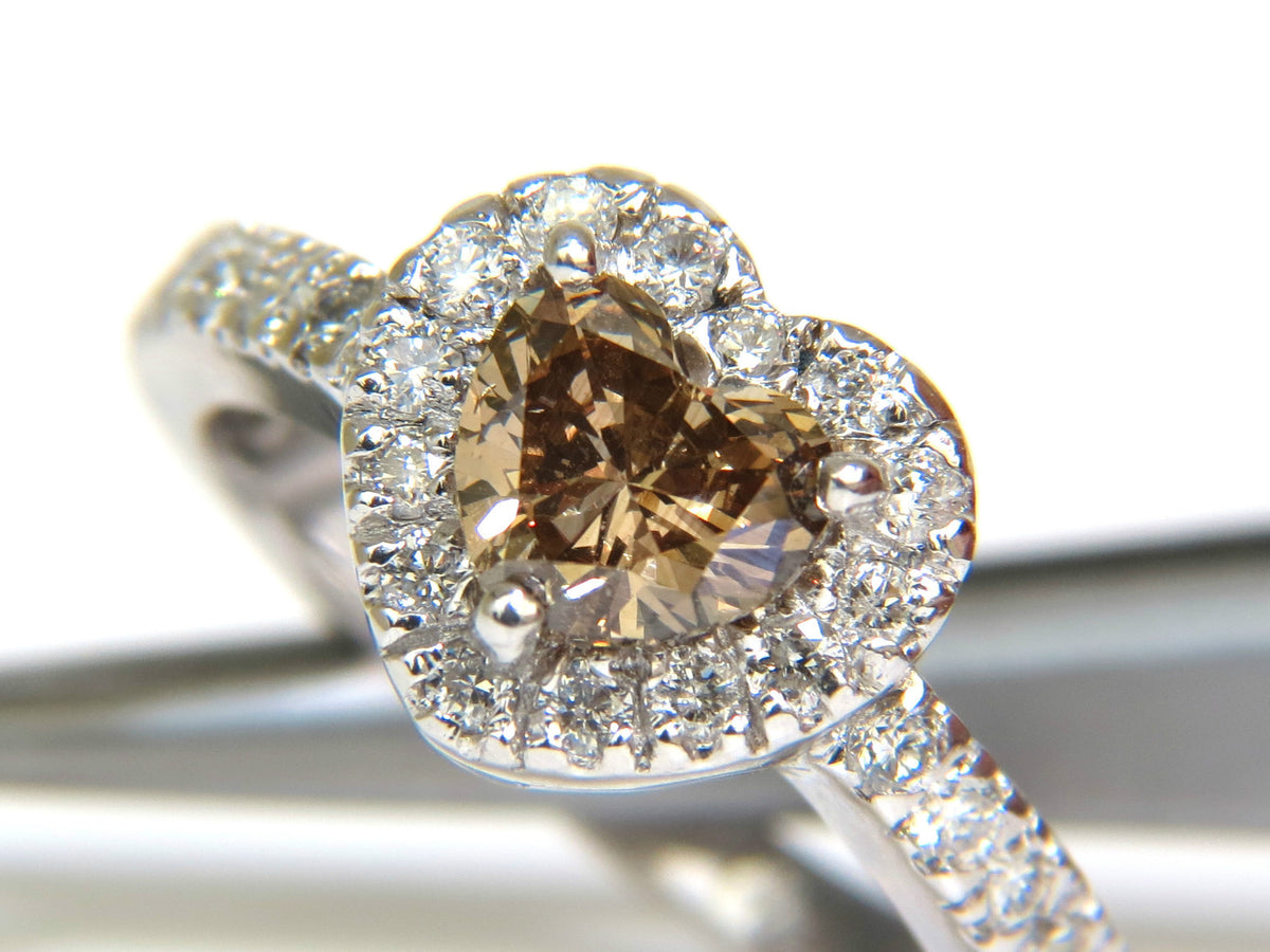 1.37CT NATURAL FANCY BRIGHT BROWN HEART CUT HALO DIAMOND RING 14KT VS *v