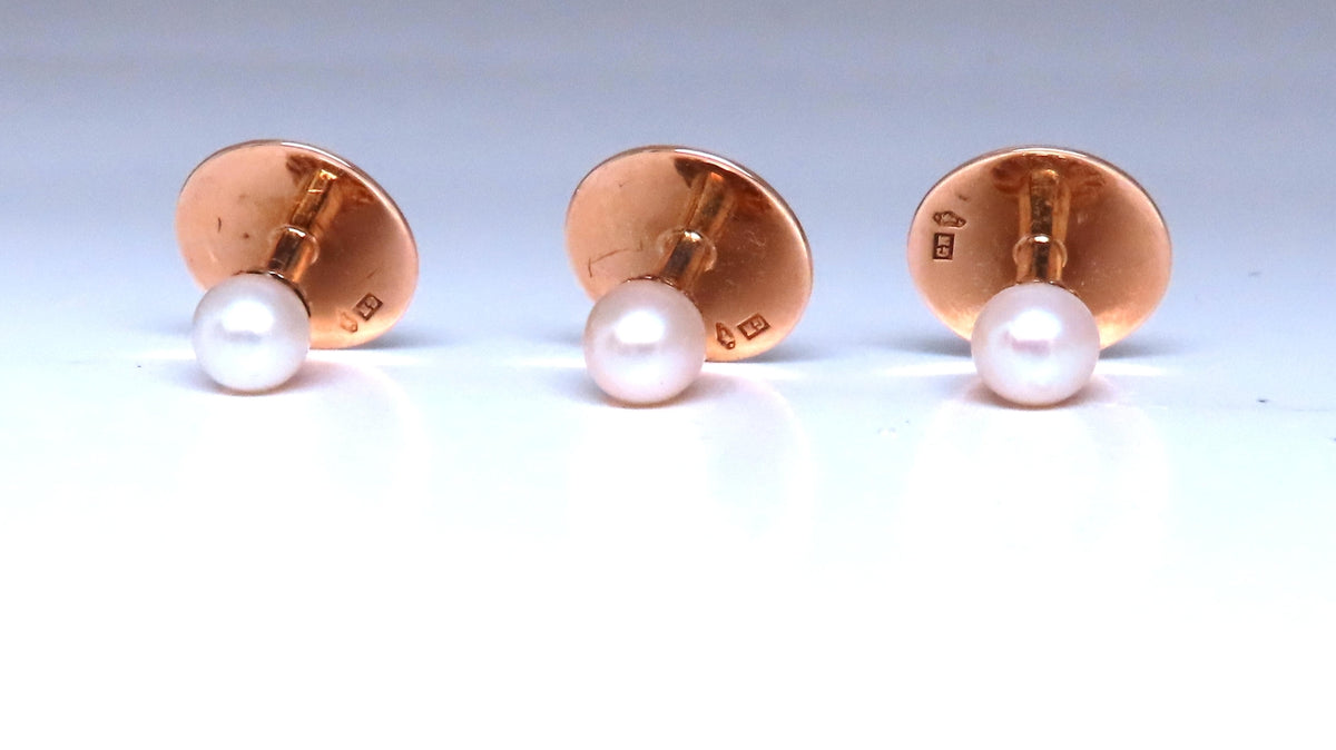 Prague Antique Three Pearl Stud Button Set with Original Box 14kt 12371 *v